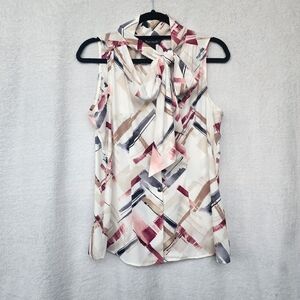 White House Black Market Size 6 Tie Neck Geometric Sleeveless Blouse